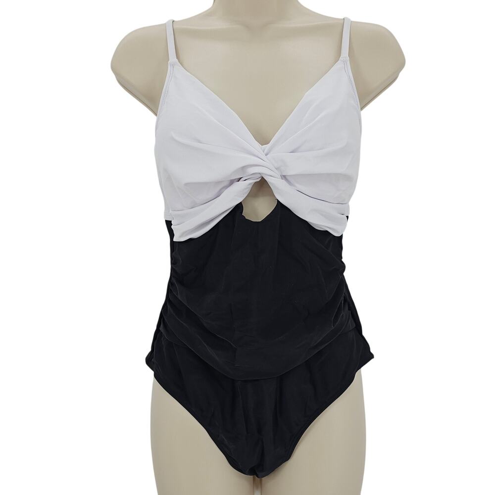 Cupshe Womans size M Twist Front Cutout Ruched 1 Piece Swimsuit Black/White NEW